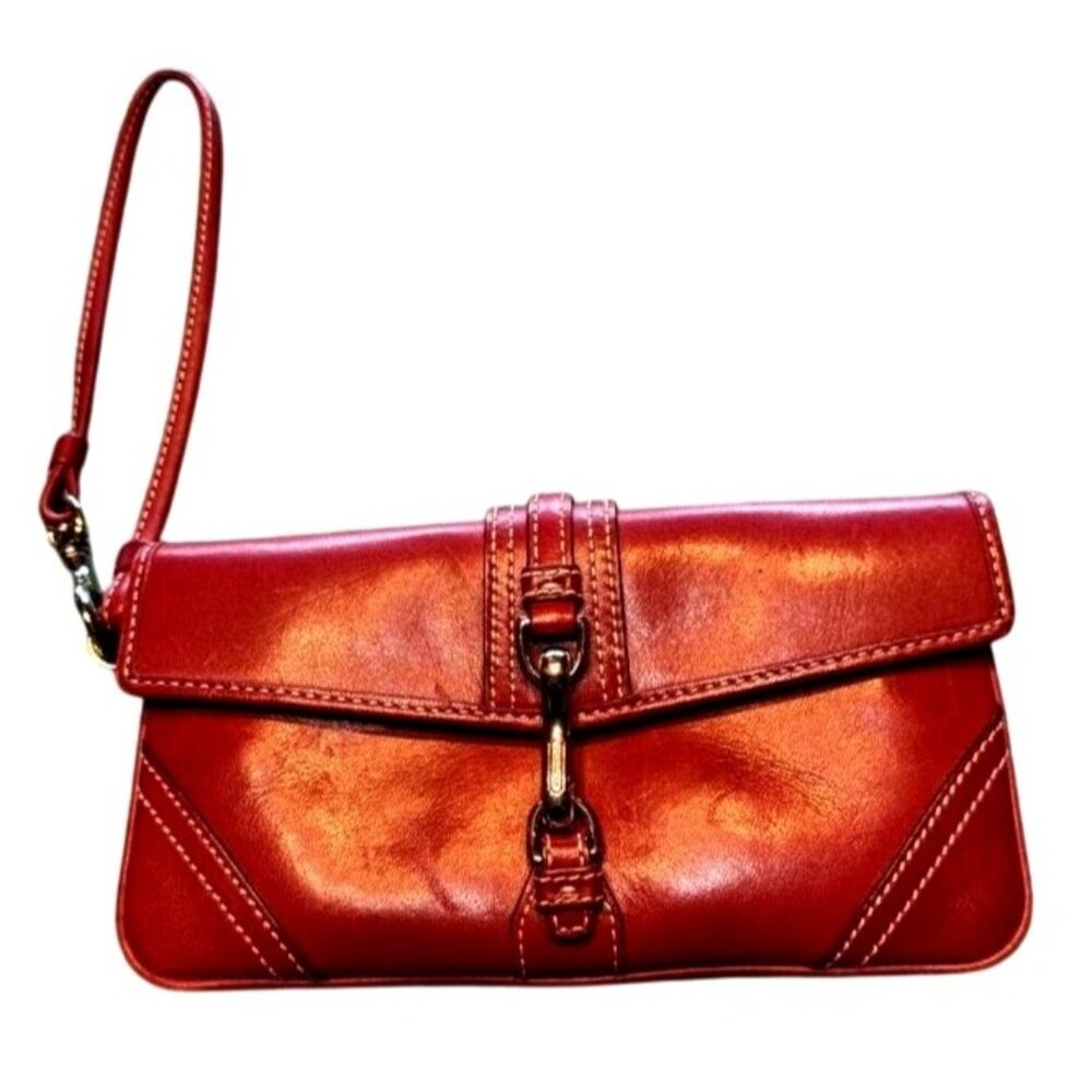 Coach Red Leather Wristlet Clutch Signature Fabric Lining Buckle Accent Vintage